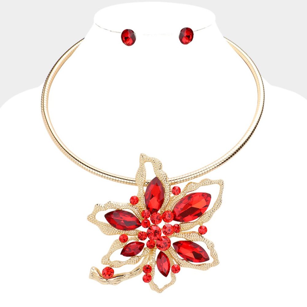Red and Gold Flower Pendant Necklace Set